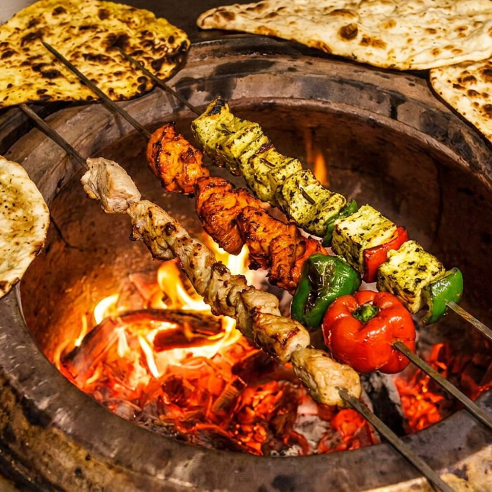 Fiery tandoor oven cooking chicken, paneer, and vegetable skewers, with naan bread baking on the sides.