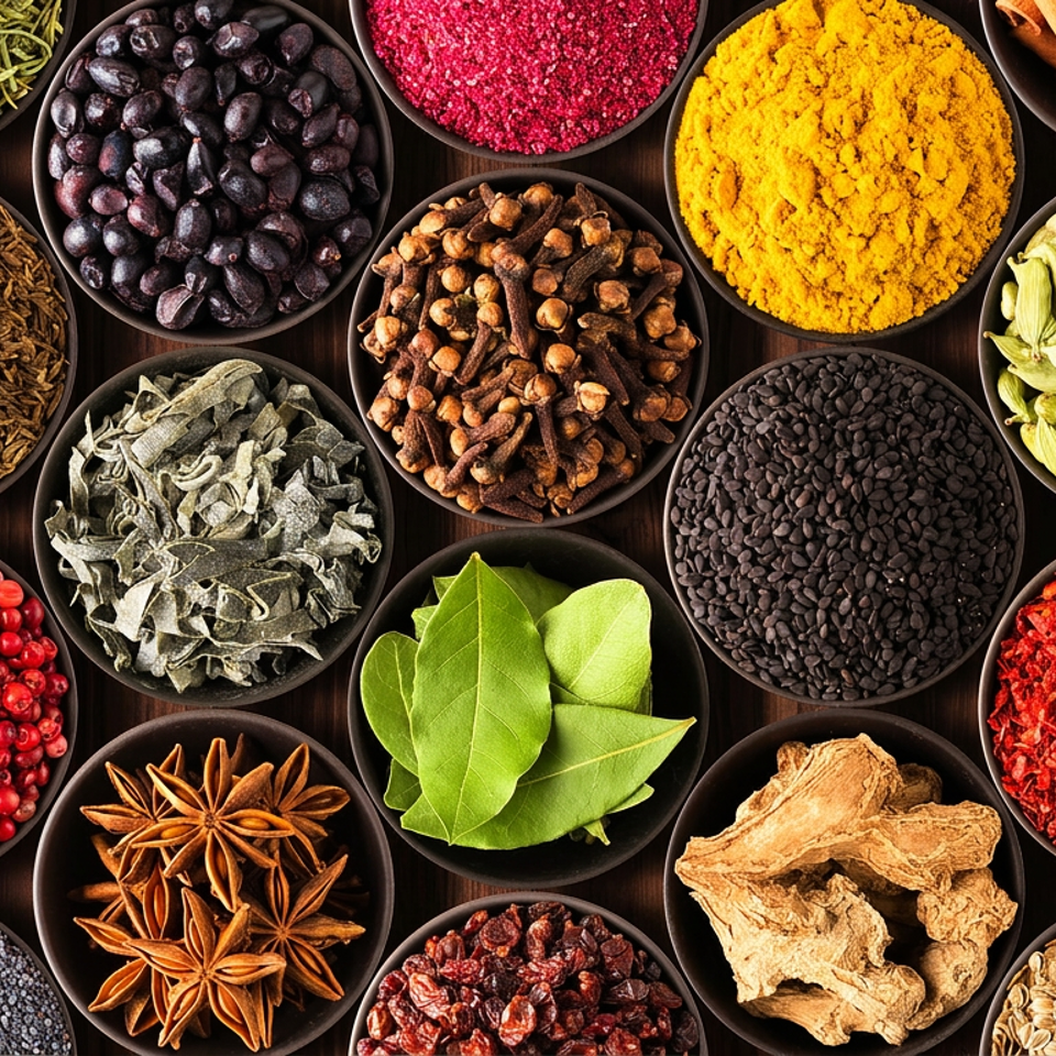 Vibrant collection of various spices and herbs in numerous small bowls.