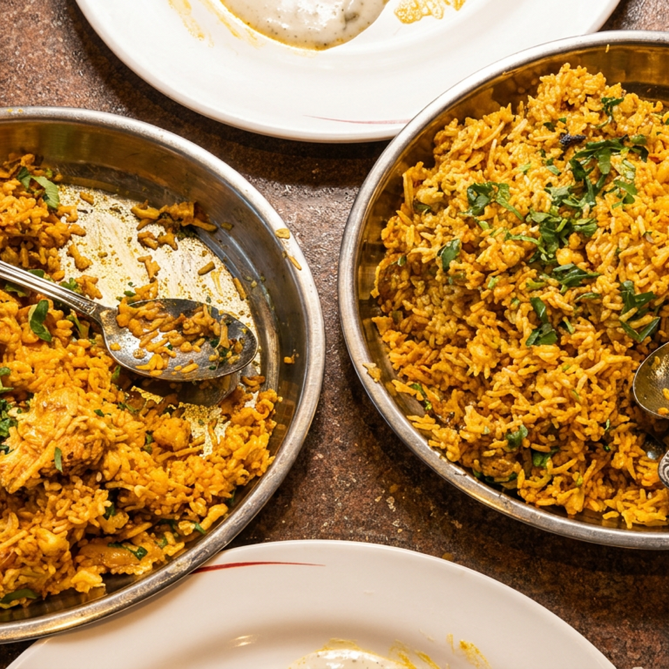 Two large metal plates filled with golden biryani rice, garnished with cilantro, and spoons.